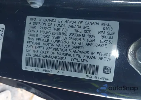 2018 Honda Cr-V Ex-L/Ex-L Navi из США, поврежденный, VIN 2HKRW2H8XJH628017